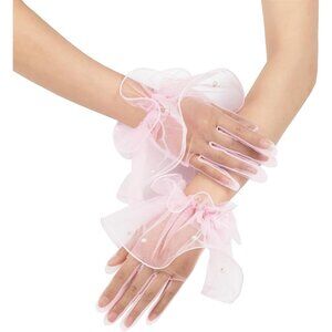Women's Formal Evening Light Pink Short Mesh Tulle Gloves Wedding Party Costume